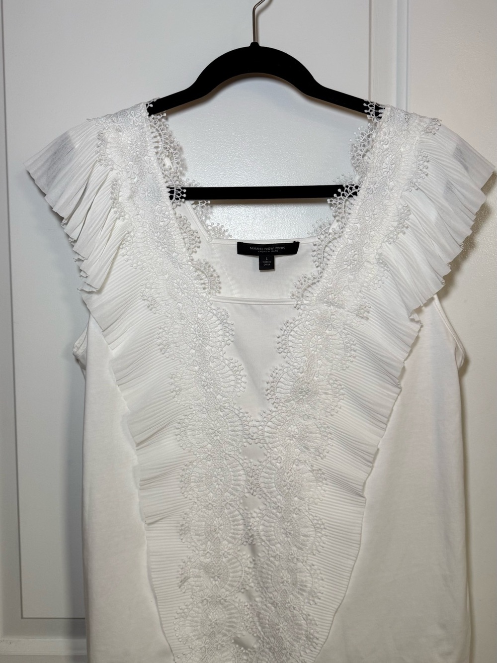Marc New York White Lace-Trim Pleated V-Neck Camisole - Picture 1 of 6